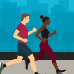 Caucasian man and African American woman jogging together illustration