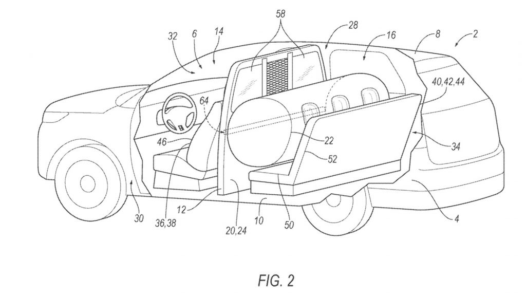 경찰차에 자리한 격벽에서 에어백이 나오는 방식을 특허 출원한 포드. Photo=USPTO
